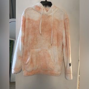 Pink and White Fluffy Drawstring Hoodie (Size S)